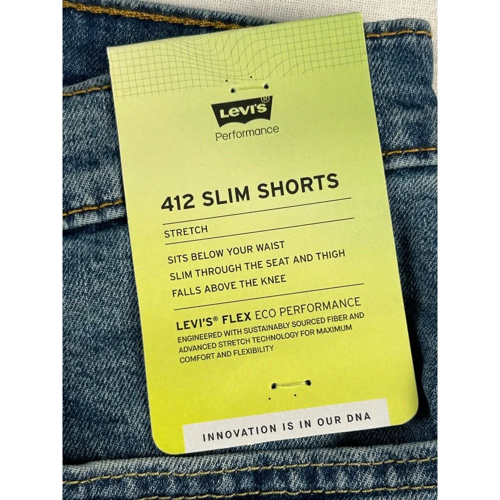 Levis 412 Slim Shorts Mens 34 Blue Denim Flex Stretch Cut Off Raw Hem 39387-0016